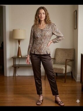 Vintage D'Allaird's Paisley Button-Up Shirt in Brown & Cream with Gold Accents